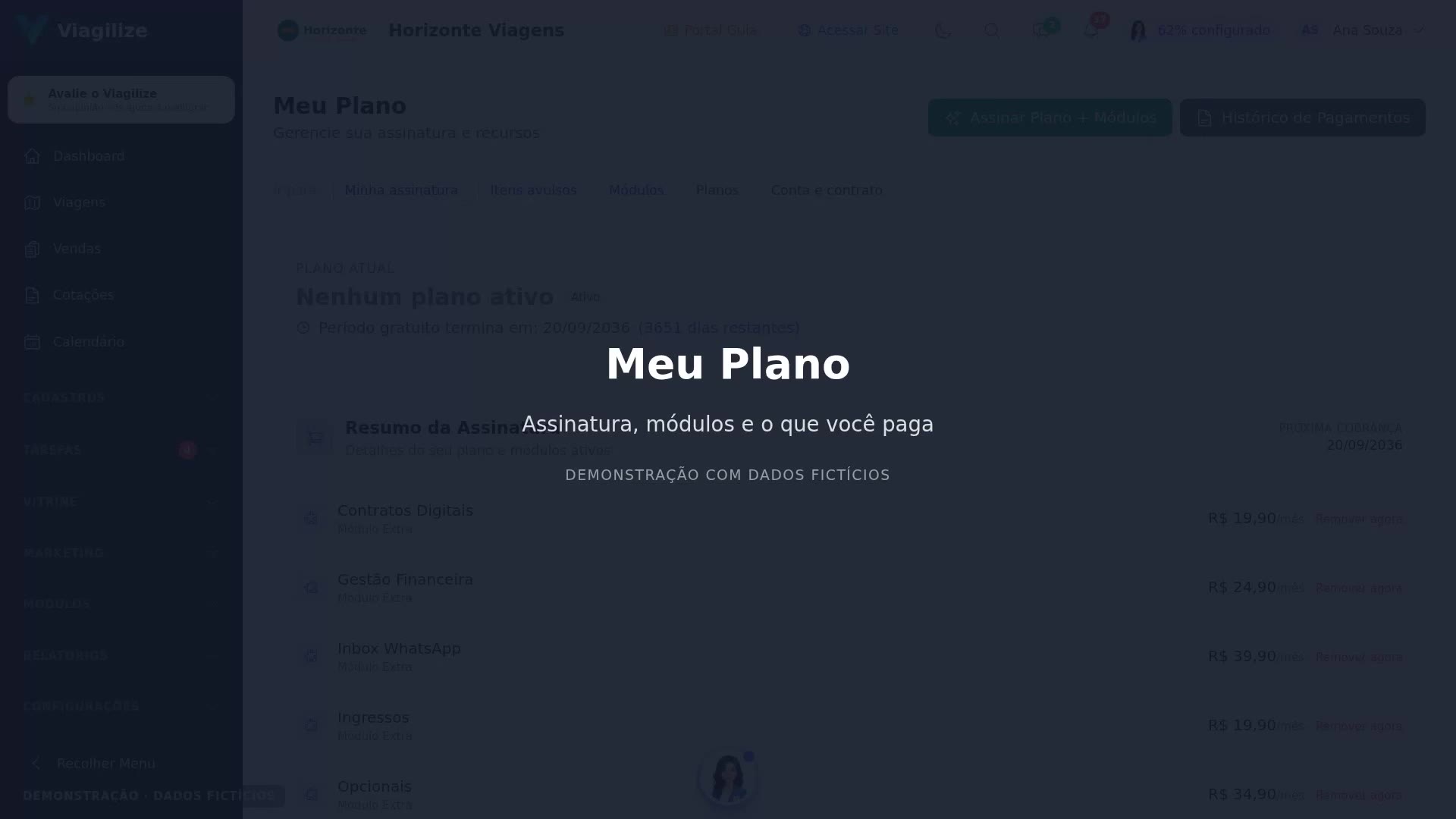 Meu Plano: assinatura, módulos e carteira