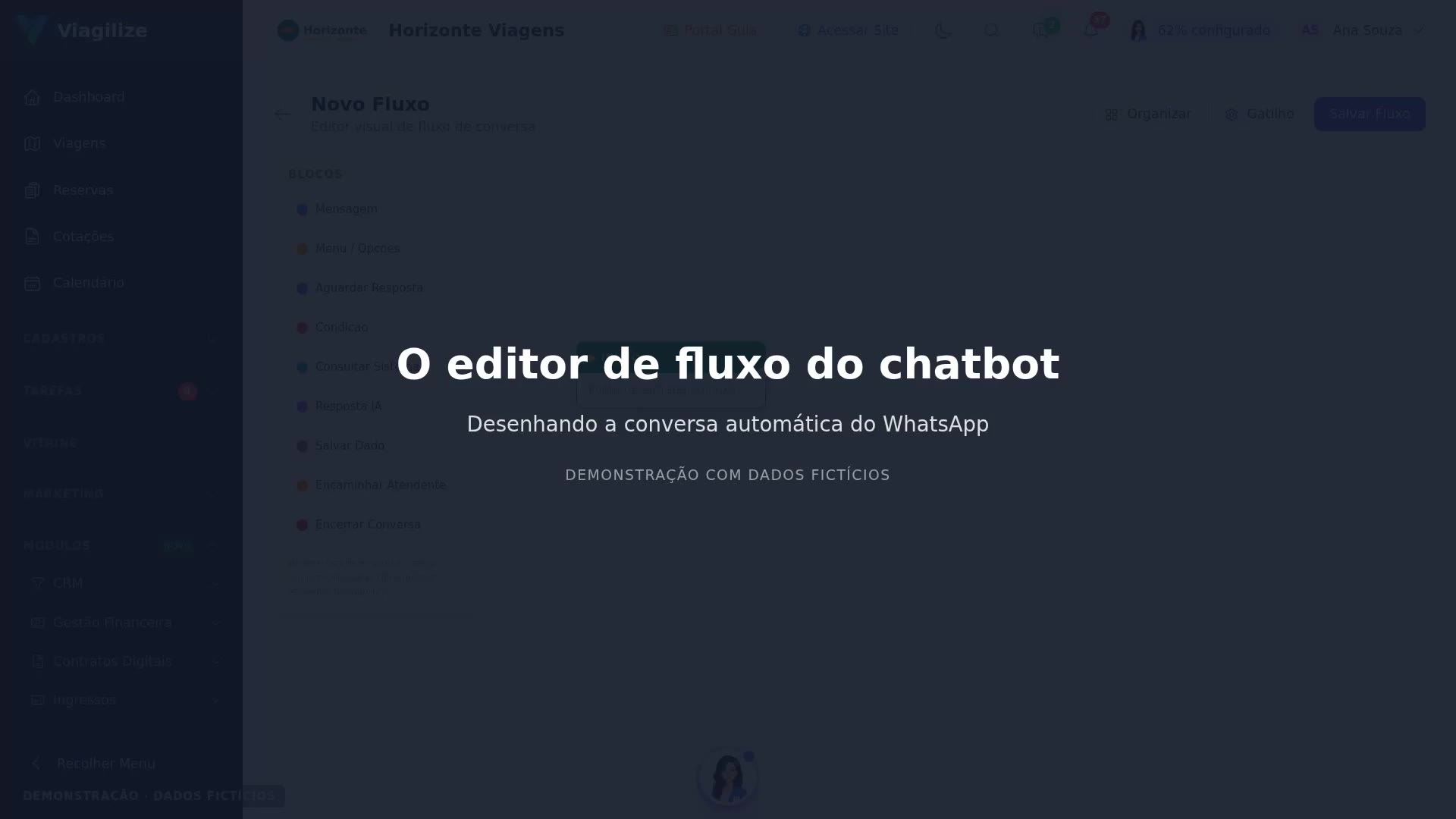 O editor de fluxo do chatbot