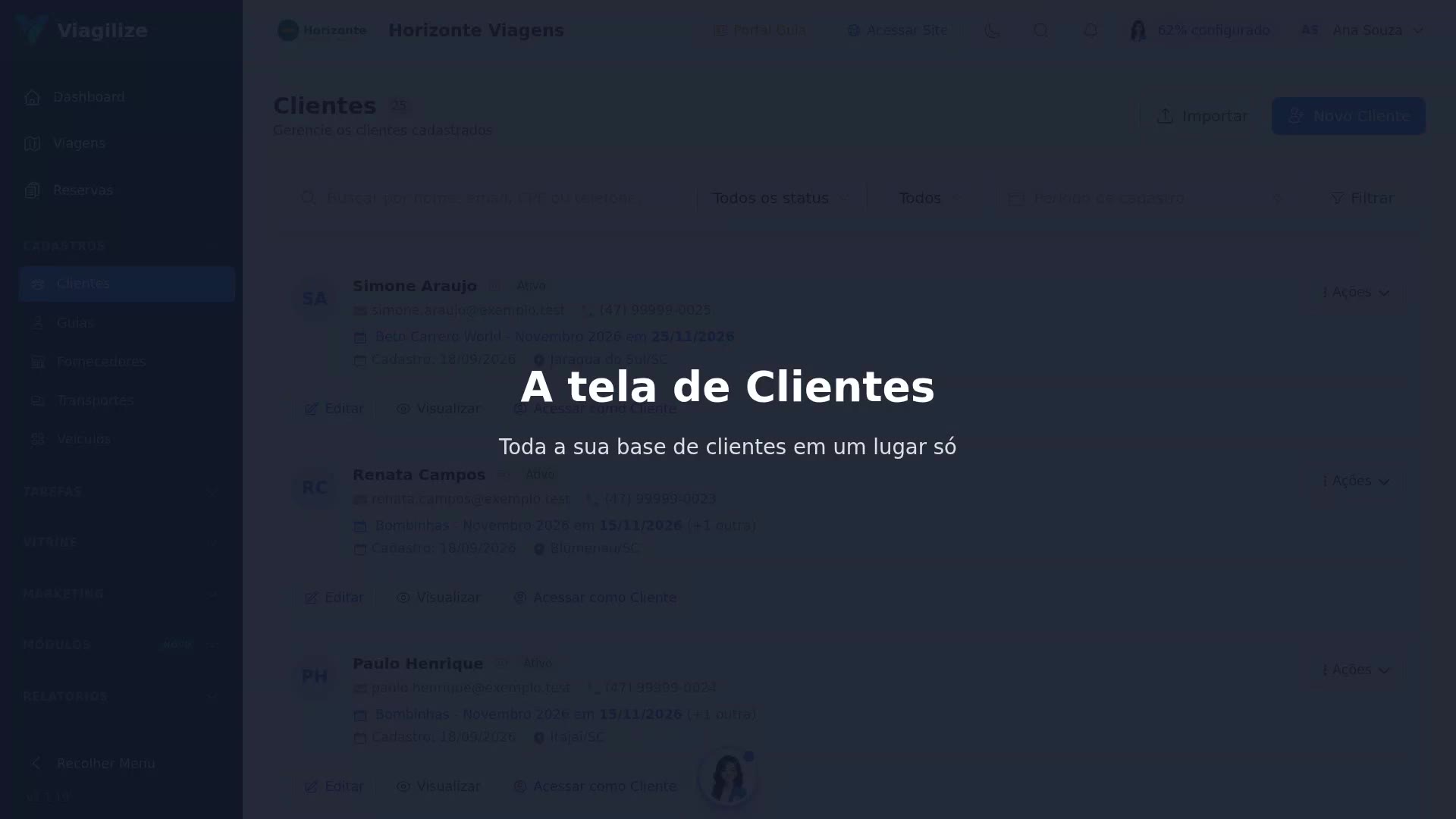 A tela de Clientes