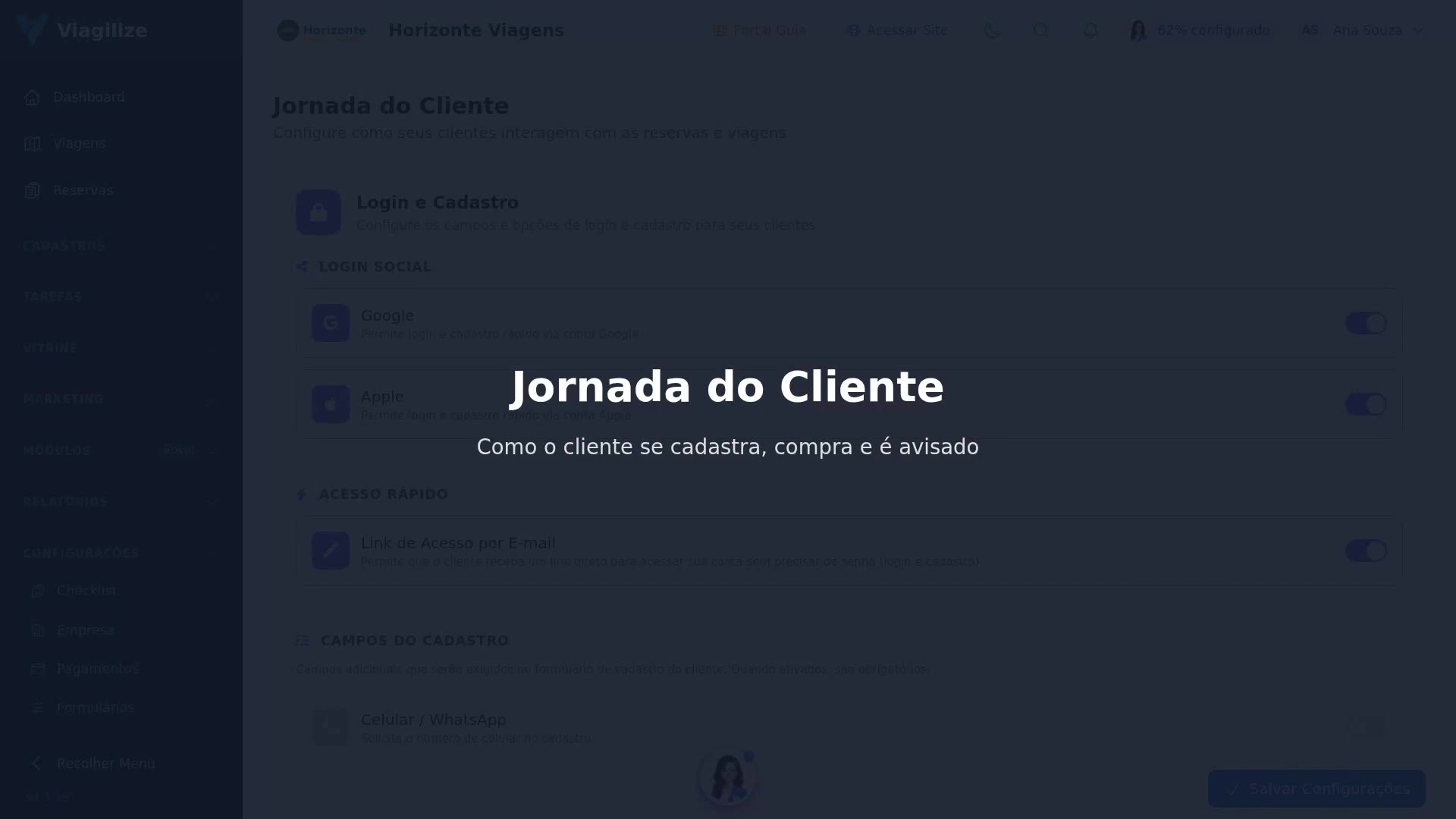 Configurações: Jornada do Cliente