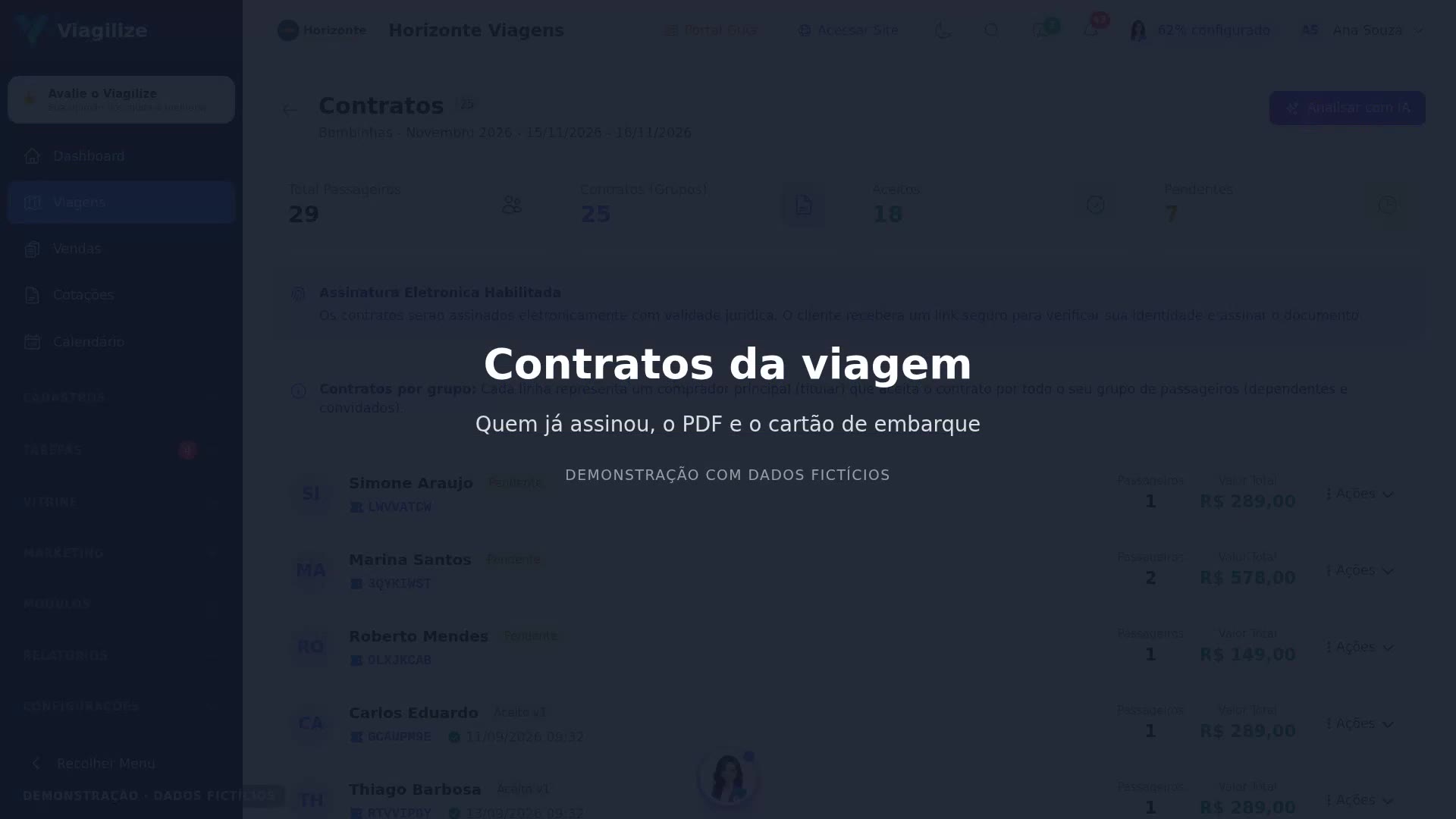 Contratos da viagem: PDF e cartão de embarque