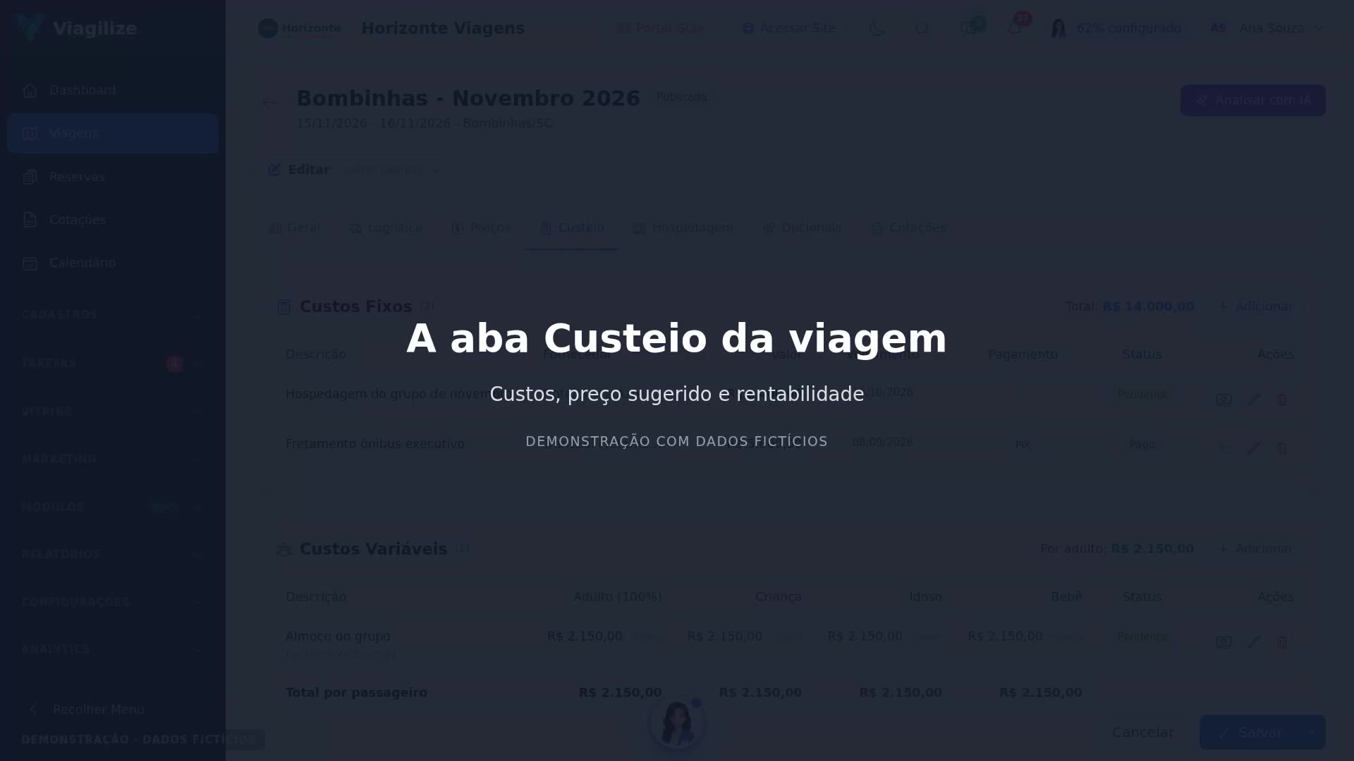 A aba Custeio da viagem