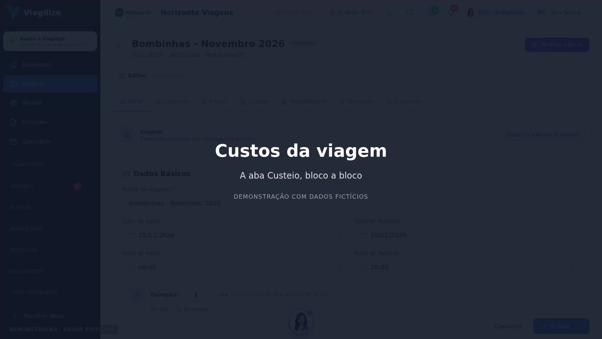 Custos da viagem: a aba Custeio