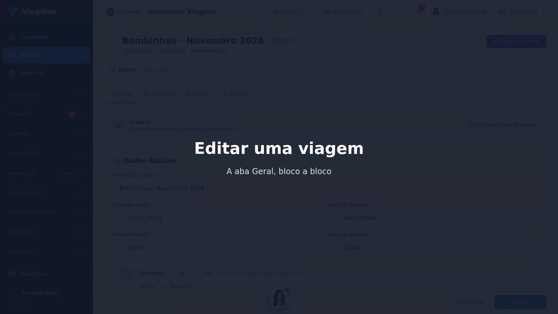 Editar uma viagem: a aba Geral