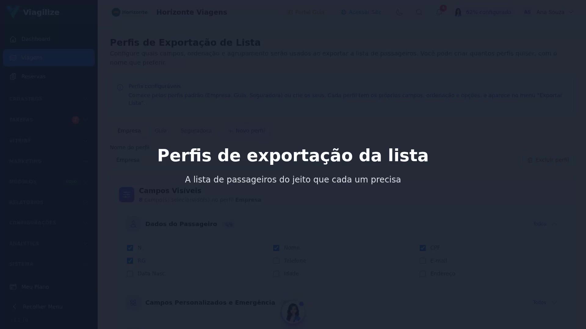 Perfis de exportação da lista de passageiros