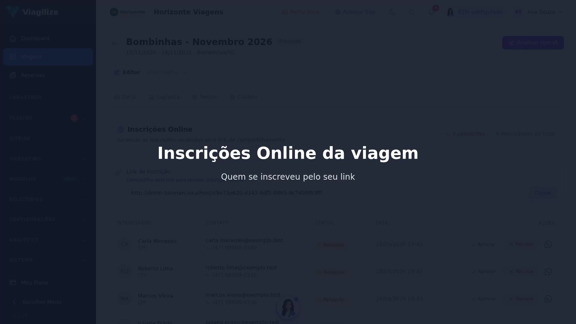 Inscrições Online da viagem