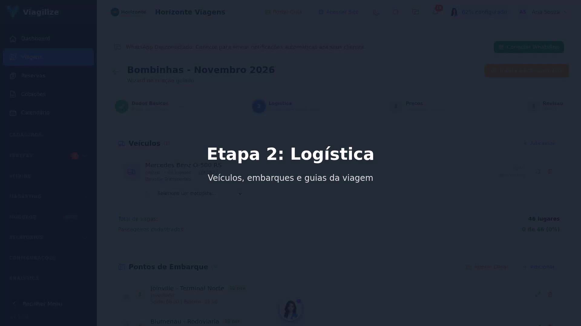 Assistente de nova viagem: etapa Logística