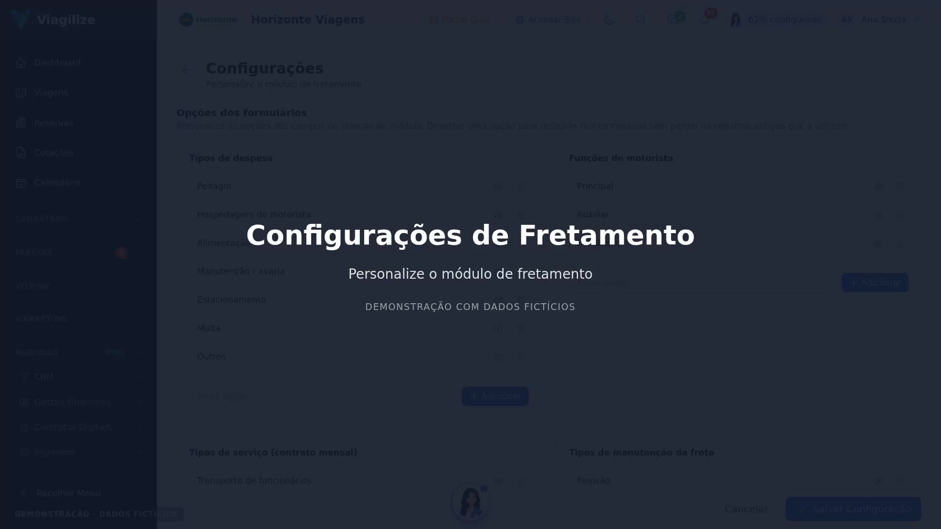 Configurações de Fretamento