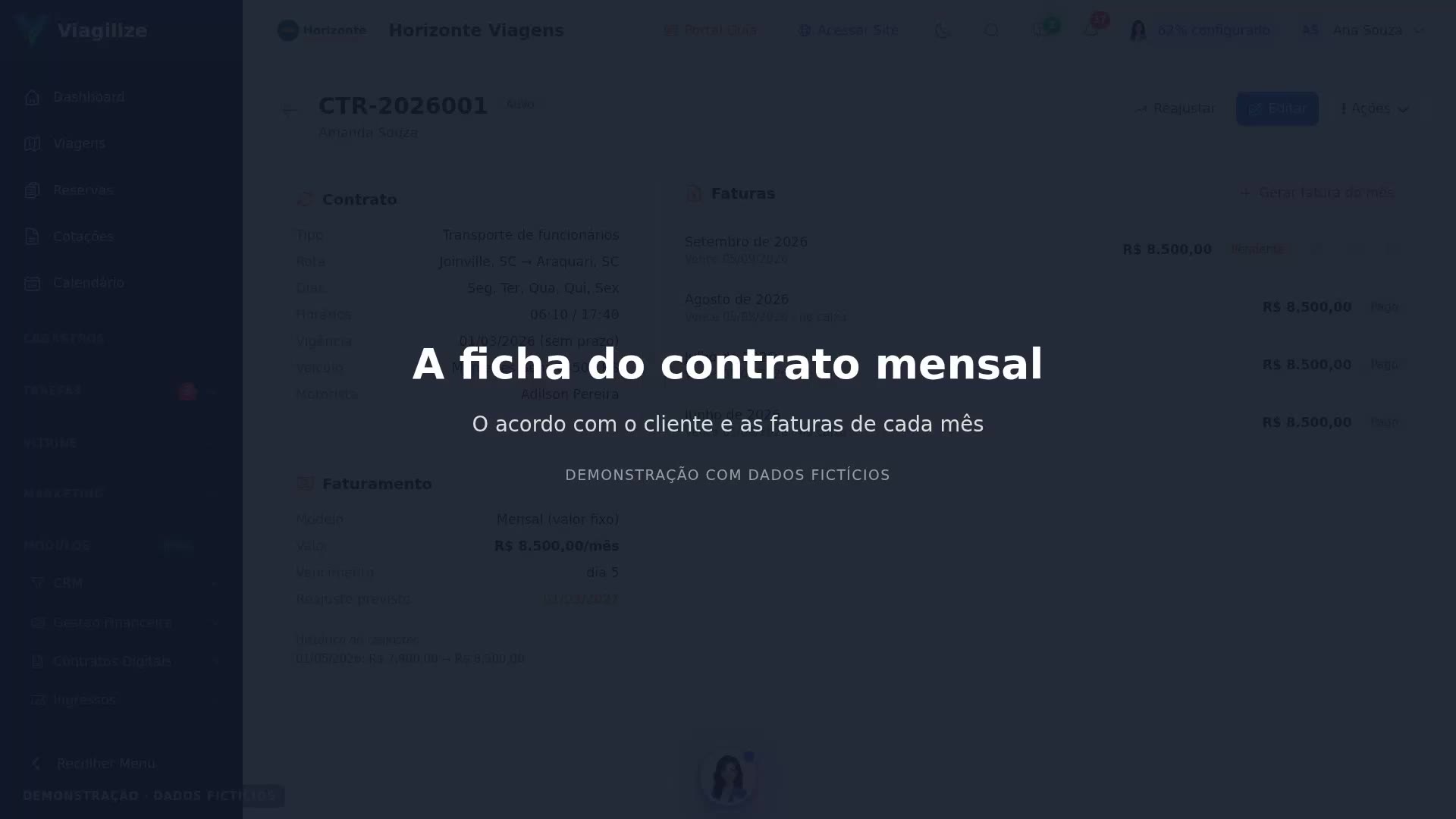 A ficha do contrato mensal de fretamento