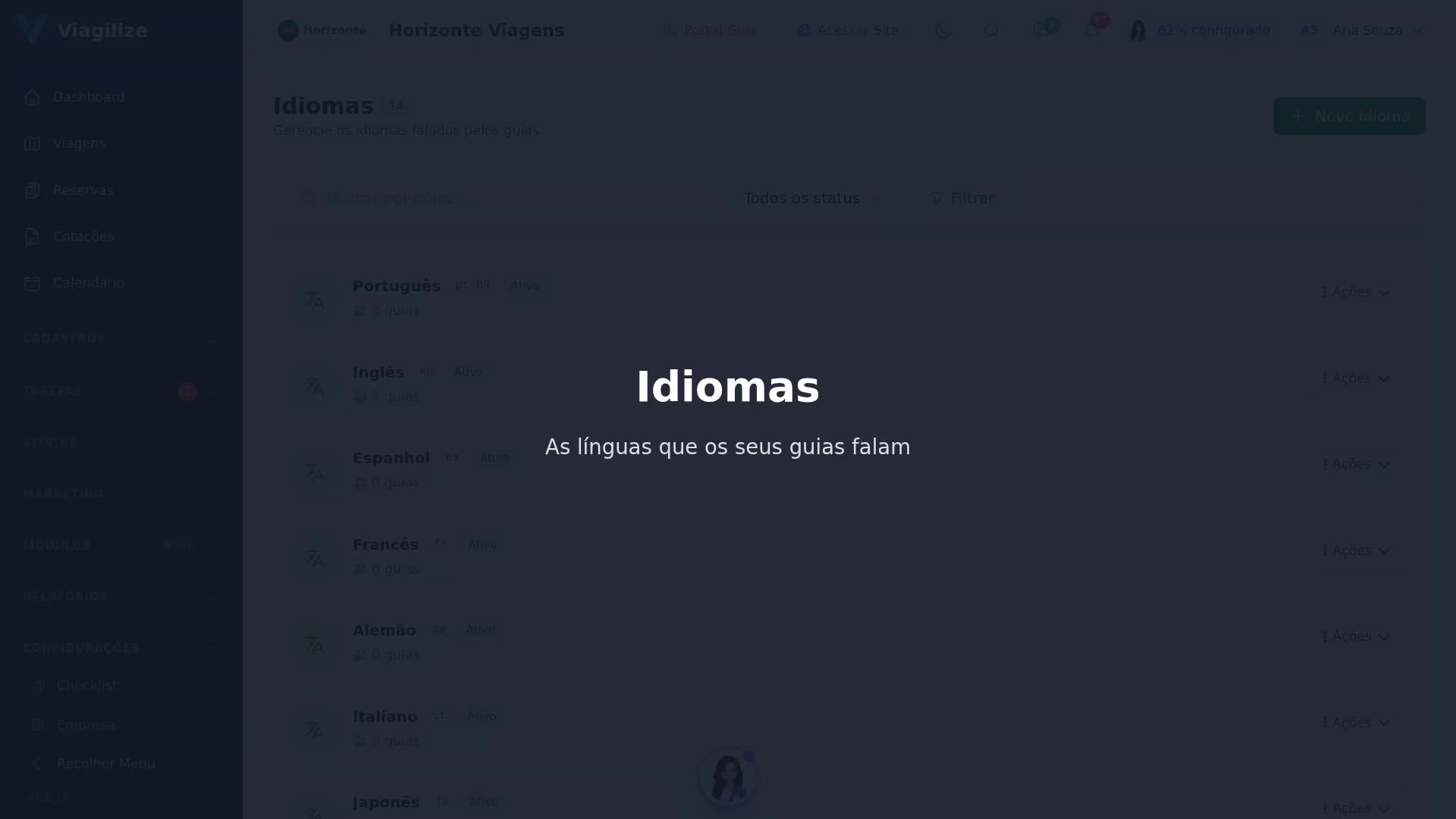 A tela de Idiomas