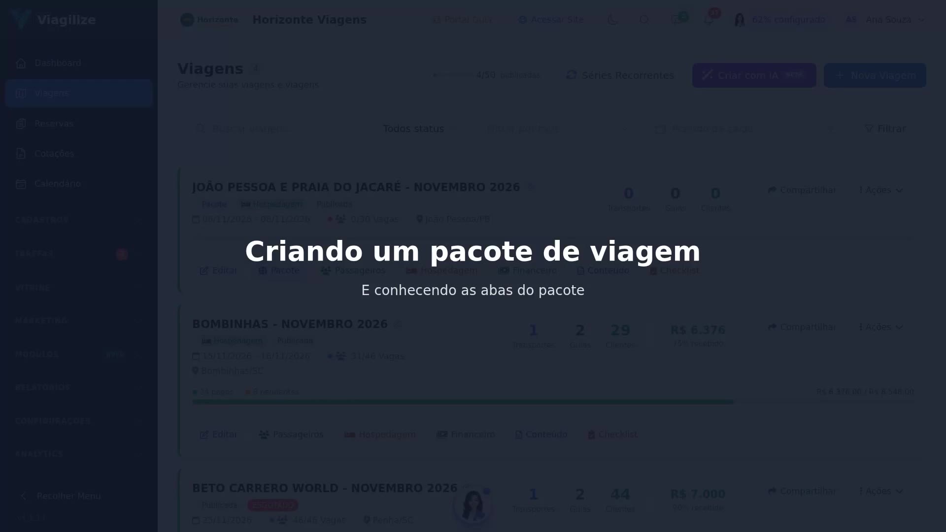 Criar um pacote de viagem e conhecer as abas do pacote