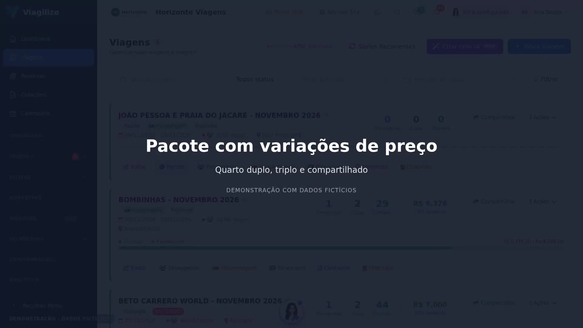 Pacote com variações de preço: quarto duplo, triplo e compartilhado