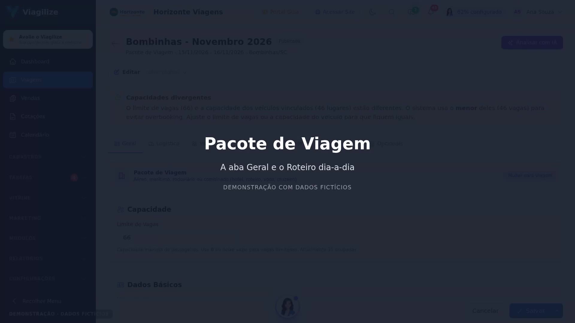Pacote de Viagem: a aba Geral e o Roteiro dia-a-dia