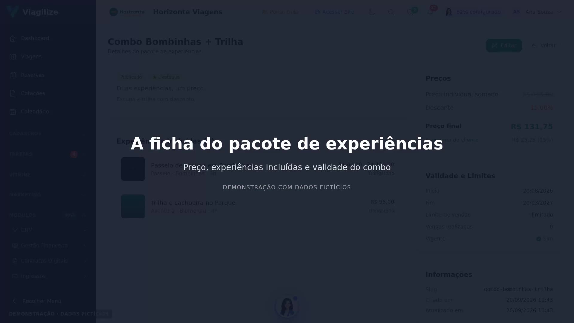 A ficha do pacote de experiências