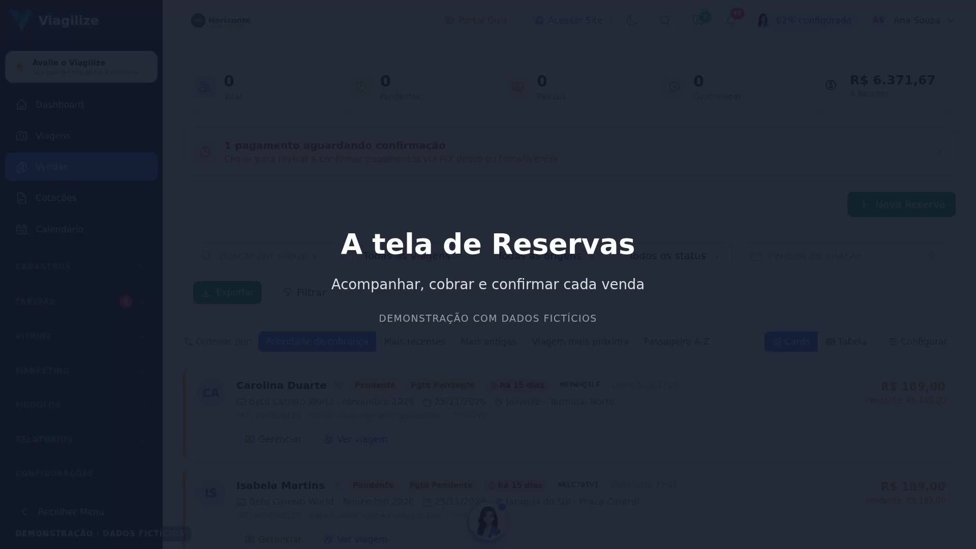 A tela de Reservas