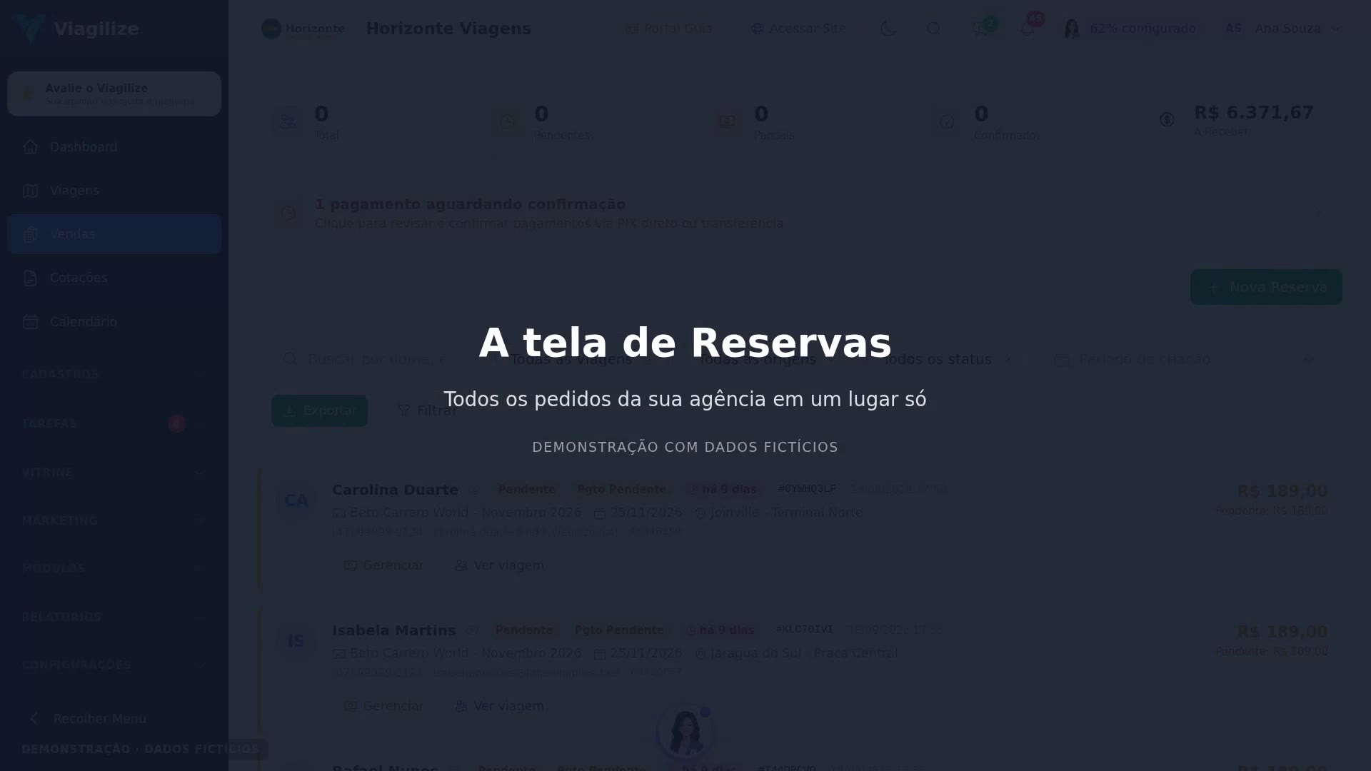 A tela de Reservas
