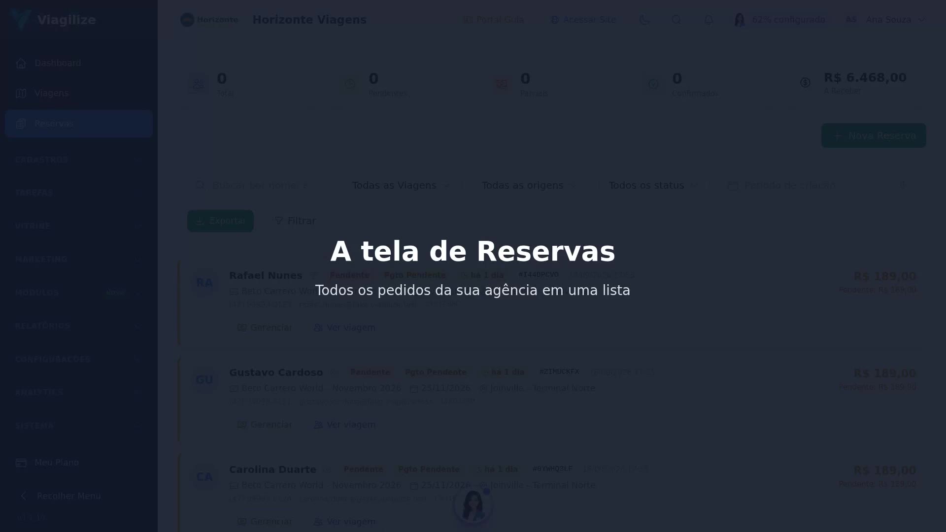A tela de Reservas