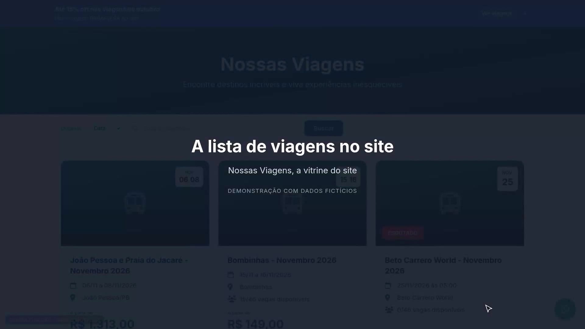 A lista de viagens no site