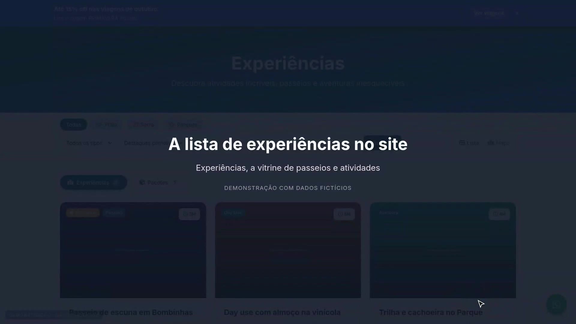 A lista de experiências no site