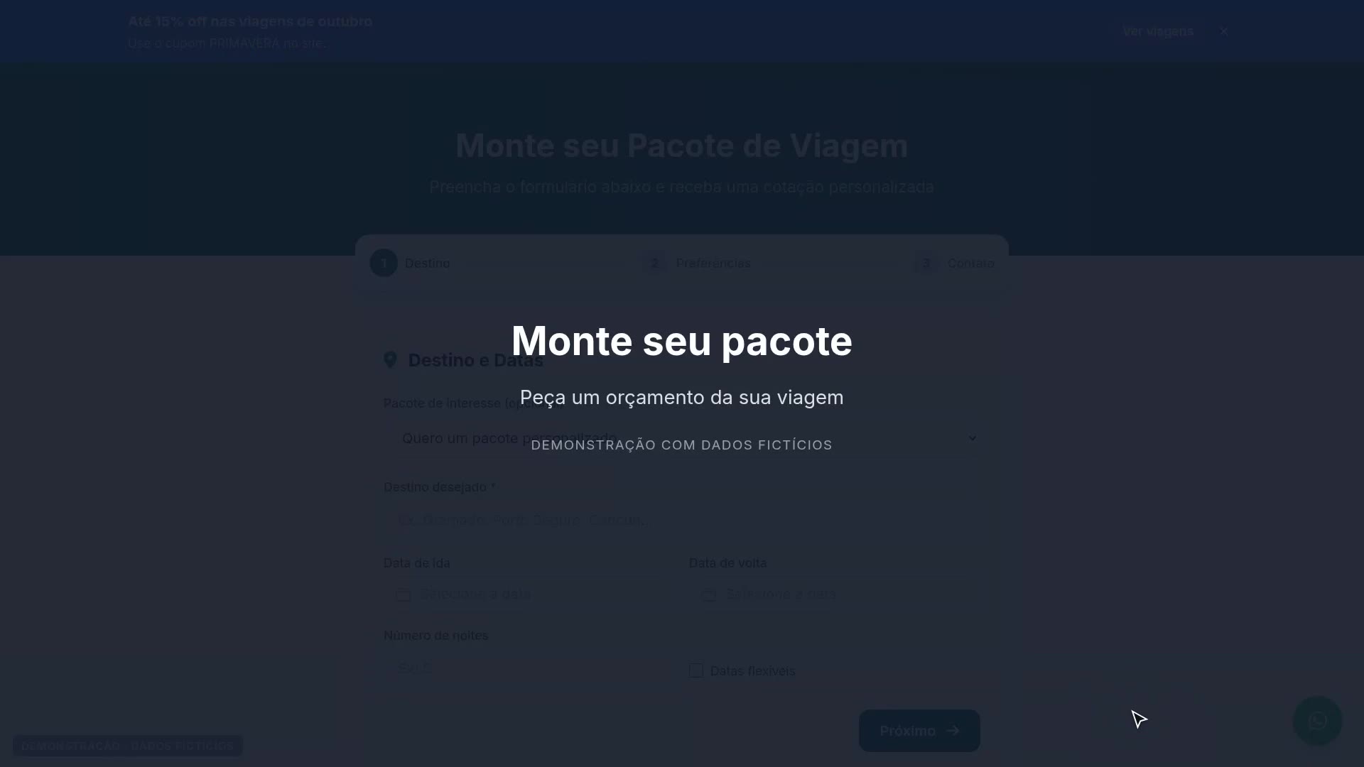 Monte seu pacote: pedir um orçamento