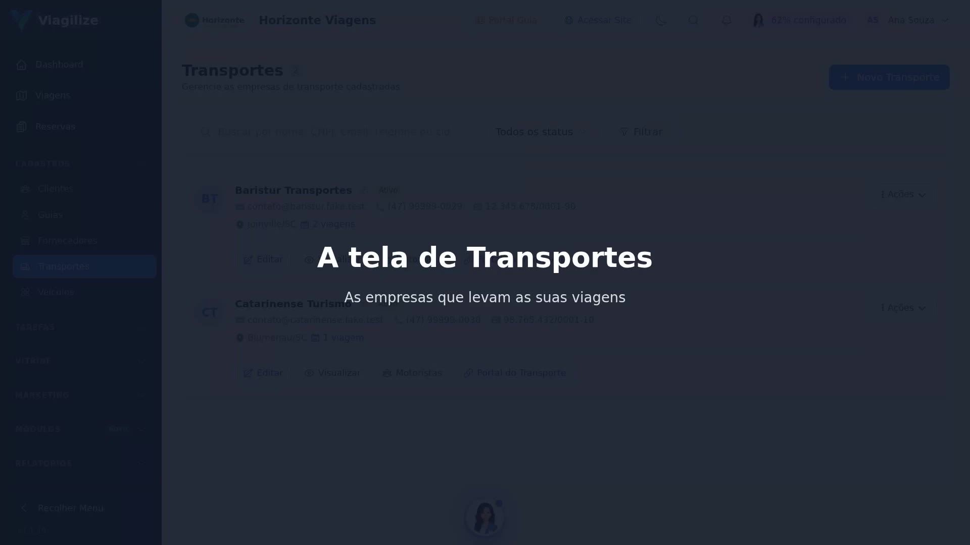 A tela de Transportes