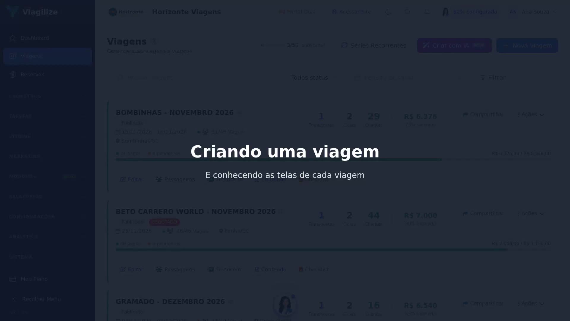 Criar uma viagem e conhecer as telas dela